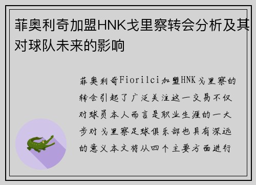 菲奥利奇加盟HNK戈里察转会分析及其对球队未来的影响