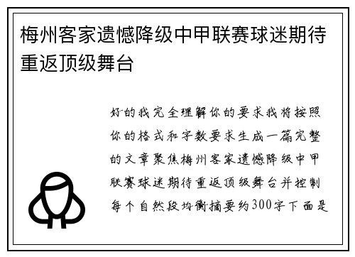 梅州客家遗憾降级中甲联赛球迷期待重返顶级舞台 梅州客家遗憾降级中甲联赛球迷期待重返顶级舞台