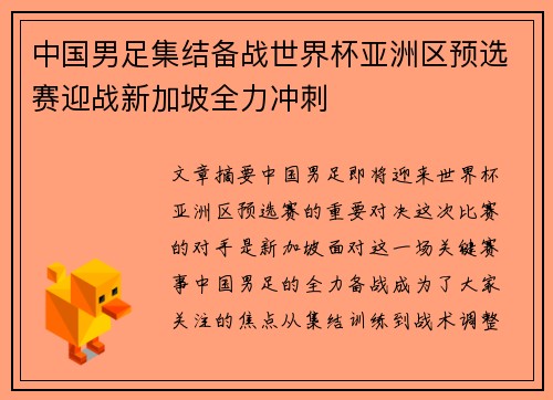 中国男足集结备战世界杯亚洲区预选赛迎战新加坡全力冲刺 中国男足集结备战世界杯亚洲区预选赛迎战新加坡全力冲刺